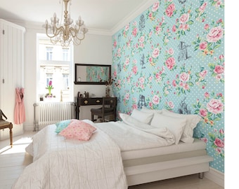 Alice in Wonderland English Rose Blue Wall Mural, Childrens Nursery Themed Wallpaper, Retro polka dot Floral Inspired Photo Wall Covering