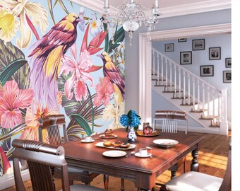 Botanical Birds and Flowers Wall Mural – Bright Tropical Jungle Mural for Home Decor
