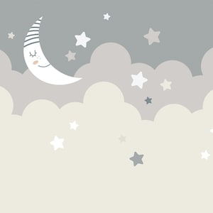 Nighttime Children's Sky Wallpaper Mural, Baby Nursery Moon & Stars Cloudy sky Wall Art Decor, Newborn Bedroom Decoration, Nursery Rhyme