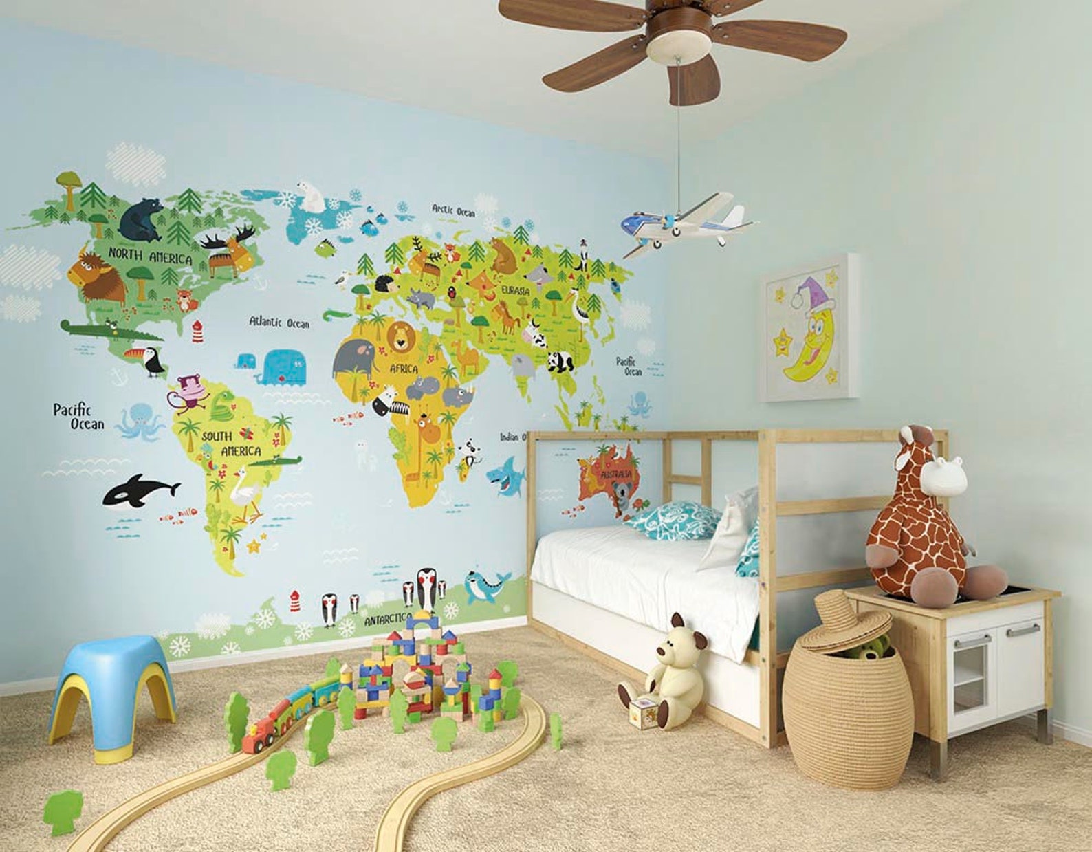 Children's World Map Wall Mural, Blue Educational World Map for Kids ...
