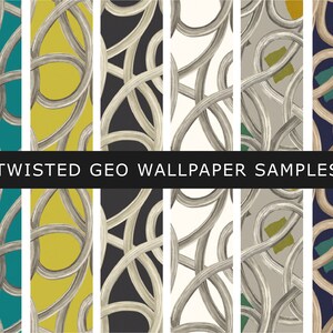 May include: Six different wallpaper samples featuring a twisted geometric pattern in various colour combinations. The patterns are made up of thick, white lines that twist and turn to create a unique and modern design. The colours include teal, yellow, black, white, grey, and navy.
