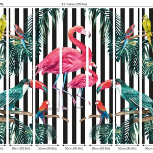 May include: A black and white striped wallpaper mural with pink flamingos, toucans, and parrots. The mural is 11 feet 6 inches wide and 9 feet 2 inches tall. The code for this mural is MUR171L.