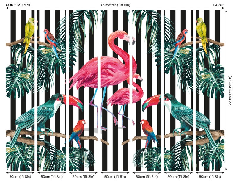 May include: A black and white striped wallpaper mural with pink flamingos, toucans, and parrots. The mural is 11 feet 6 inches wide and 9 feet 2 inches tall. The code for this mural is MUR171L.