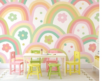 Rainbow Wobble Wall Mural | Retro Colorful Wallpaper | Playful Polka Dot & Floral Design | Vibrant Room Decor | Groovy Aesthetic Art