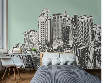 Urban City Skyscrapers Wall Mural in Mint Green Tones for Modern Bedroom Living Room Office Decor – Large Contemporary Skyline Art