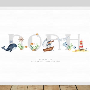 Berçário náutico com nome personalizado, impressão digital, primeiro presente de bebê nascido, decoração de ilustração sob o mar, marco da criança, arte do primeiro aniversário