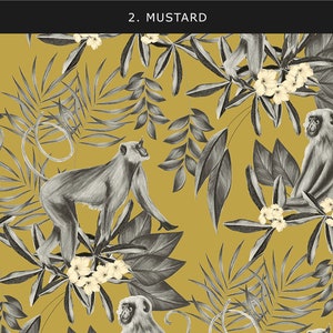 May include: A seamless pattern featuring monkeys and tropical leaves on a mustard yellow background. The monkeys are drawn in black and white and are sitting and standing on the leaves. The leaves are also drawn in black and white and have a variety of shapes and sizes.