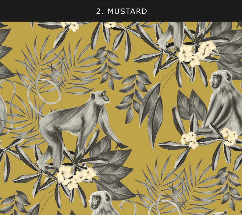May include: A seamless pattern featuring monkeys and tropical leaves on a mustard yellow background. The monkeys are drawn in black and white and are sitting and standing on the leaves. The leaves are also drawn in black and white and have a variety of shapes and sizes.