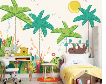 Cream & Green Jungle Animal Wallpaper – Safari Mural for Nursery or Playroom – Jungle Theme Wall Art