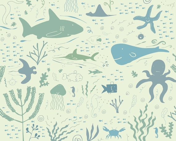 Underwater Nautical Wallpaper Mural, Underwater Boys Nursery Bedroom Decor, Kids Shark & Whale Wall Mural, Deep Blue Sea