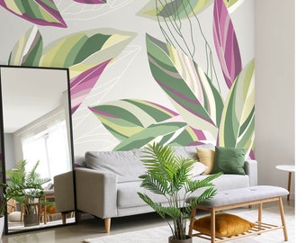 Botanical Calathea Leaves Grey Wall Mural