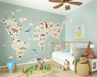 Children's World Map Animal Wallpaper Mural, Educational World Map Kids Nursery Room Animal World Map Playroom Wallpaper Decor