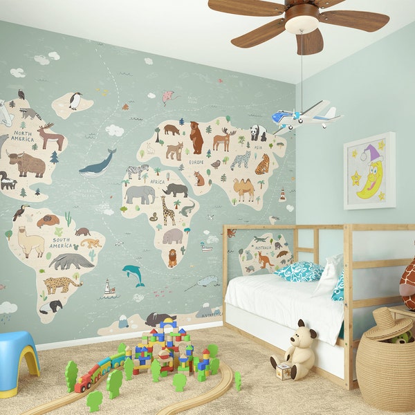 Children's World Map Animal Wallpaper Mural, Educational World Map Kids Nursery Room Animal World Map Playroom Wallpaper Decor