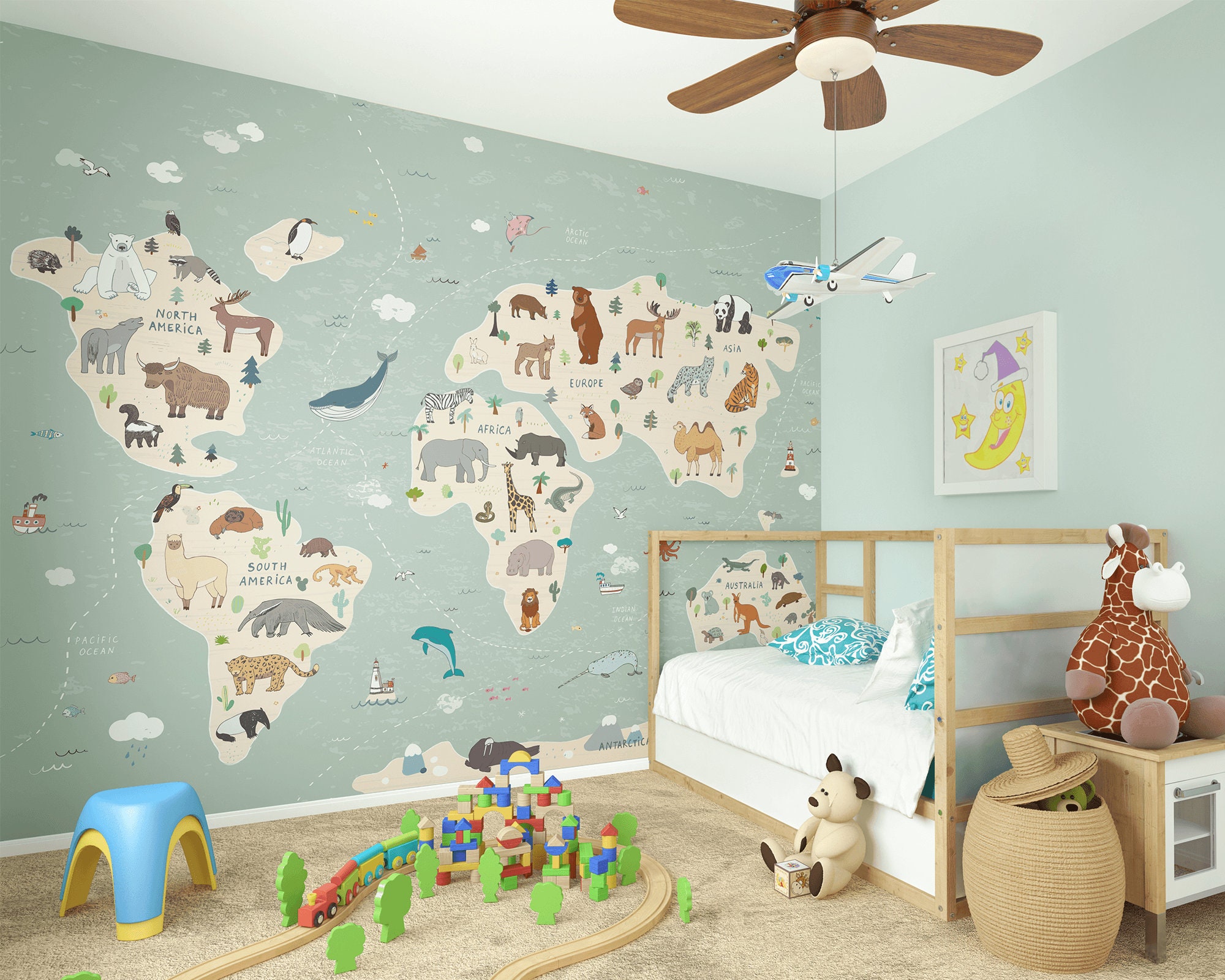 Watercolor Kids World Map with Soft Animals Wallpaper Mural