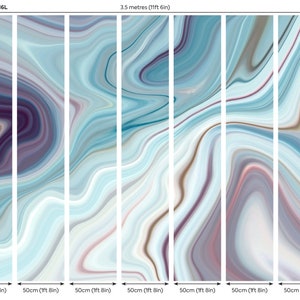 May include: A large wall mural with a swirling abstract pattern in shades of blue, purple, and white. The mural is divided into seven vertical panels, each measuring 1 foot 8 inches wide and 9 feet 2 inches tall. The code for this mural is MUR116L.