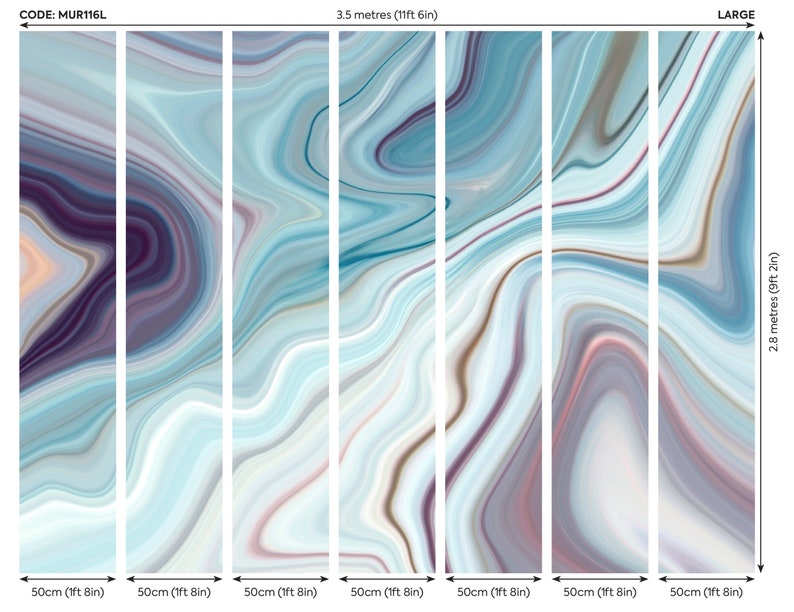 May include: A large wall mural with a swirling abstract pattern in shades of blue, purple, and white. The mural is divided into seven vertical panels, each measuring 1 foot 8 inches wide and 9 feet 2 inches tall. The code for this mural is MUR116L.