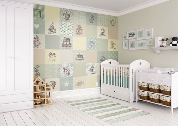 Alice In Wonderland Wall Decal Mural Mad Hatter Tea Party Nursery Room Decor Vintage Wonderland Girls Room Decor Lewis Carroll Wall Art