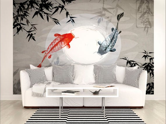 Japanese Koi Fish Photo Wallpaper Mural Designer Living Room, Japanese Koi Fish  Bedroom Wallpaper Wall Decor, School of Fish Wall Covering 