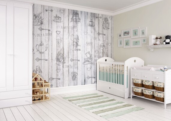 Alice In Wonderland Wood Effect Wallpaper Mural Alice In Wonderland Pretty Nursery Wallpaper Alice Vintage Wall Art Decor Disney Wall Art
