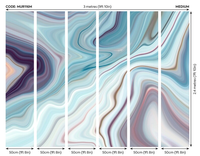May include: A six-panel wall mural with a swirling abstract pattern in shades of blue, white, and purple. The mural is 9 feet 10 inches wide and 7 feet 10 inches tall. The code for this mural is MUR116M.
