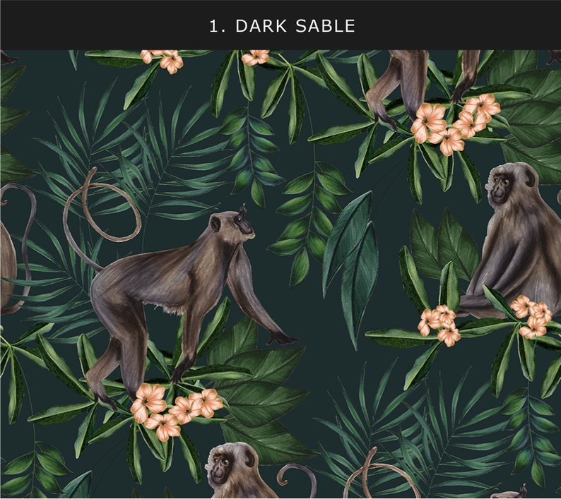 May include: A seamless pattern featuring monkeys, tropical leaves, and pink flowers on a dark teal background. The pattern is titled "1. DARK SABLE".