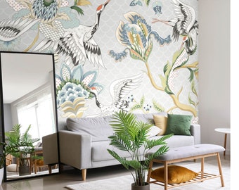 Cranes in Flight Grey Wall Mural