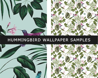 SAMPLE - Hummingbird Wallpaper, Duck Egg Blue Tropical Birds Feature Wall, Hummingbird nature Room Decoration, Modern Vintage Wall hanging