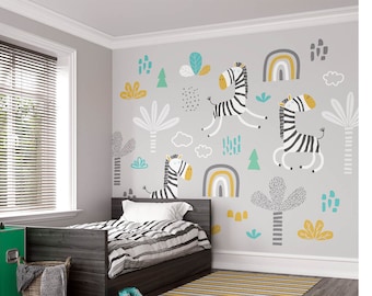 Dancing Zebras Grey Wall Mural for Kids Room Nursery or Playroom – Funky Safari Animal Art with Rainbows Clouds Palms and Leaves