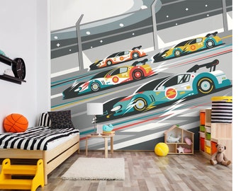 Racing Cars Grey Wall Mural, Boys Sports Track Wall Covering, Baby Toddlers Large Playroom Print, Childrens Inspired Fast Motor Vehicles Art