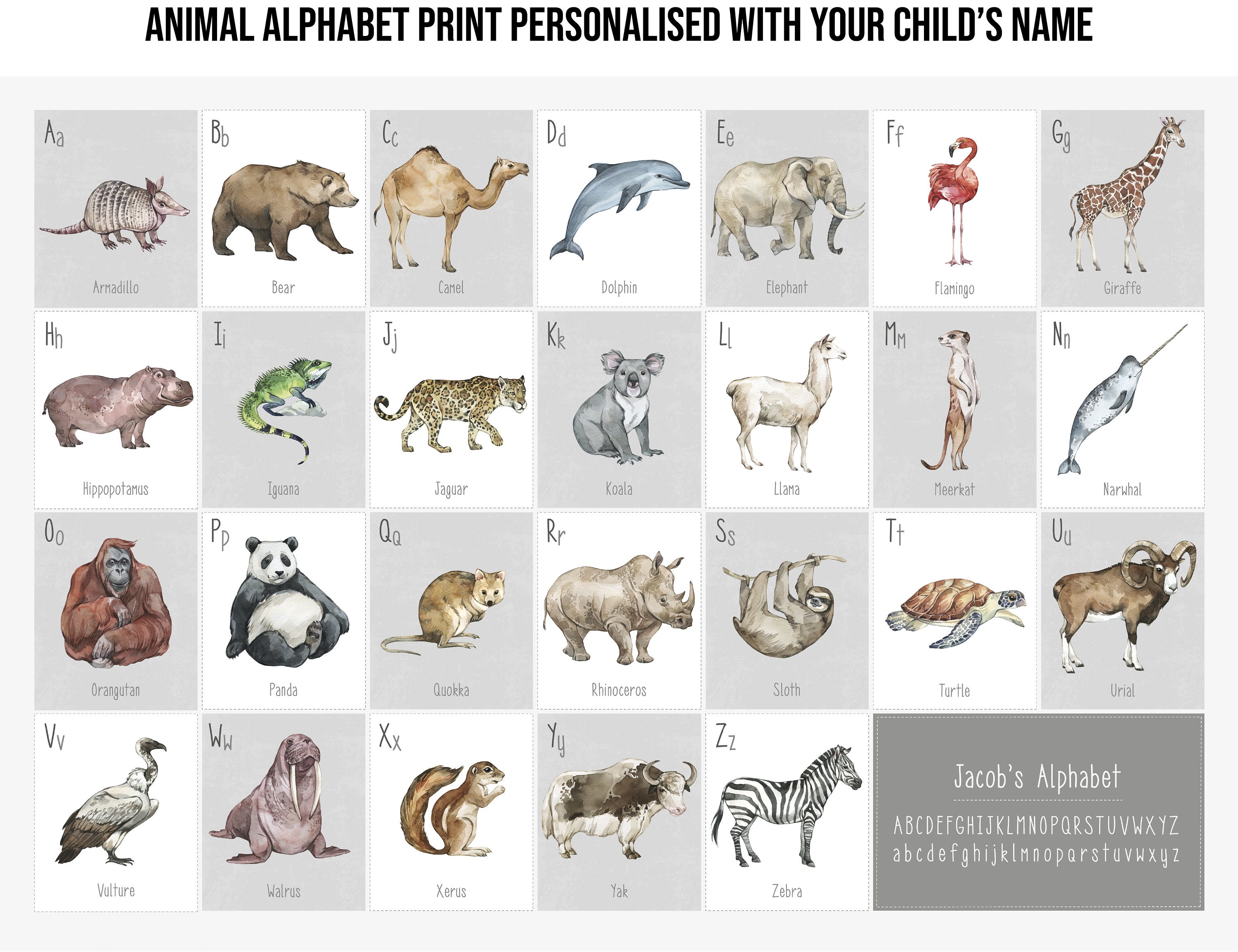 Animal Alphabet A to Z Personalised Print Kid's - Etsy New Zealand Animal Alphabet A to Z Personalised Print Kid's - Etsy New Zealand