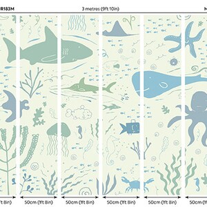 Pu&ograve; includere: Un murale di carta da parati blu chiaro e verde con un tema sottomarino fantasioso. Il murale presenta varie creature marine, tra cui squali, balene, meduse, cavallucci marini e un polpo. Il murale &egrave; largo 3 metri e alto 2,4 metri.