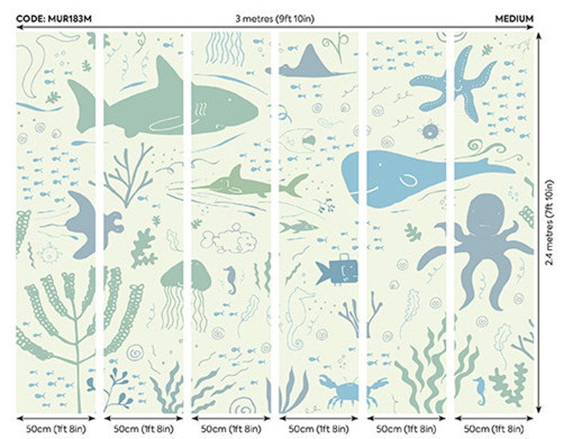 Pu&ograve; includere: Un murale di carta da parati blu chiaro e verde con un tema sottomarino fantasioso. Il murale presenta varie creature marine, tra cui squali, balene, meduse, cavallucci marini e un polpo. Il murale &egrave; largo 3 metri e alto 2,4 metri.