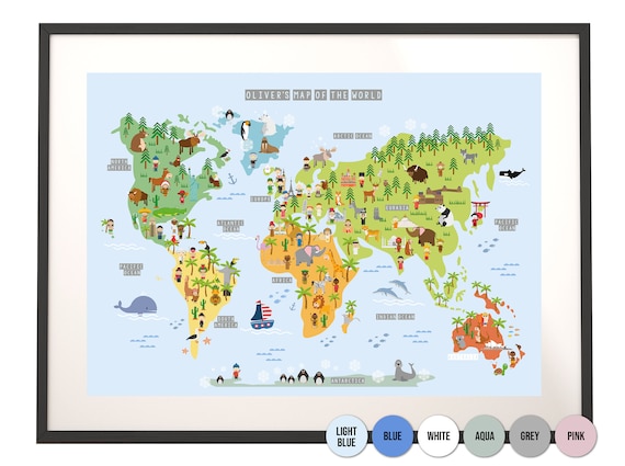 Carte du monde personnalisée Animal Wall Print, Carte éducative, Carte de  la crèche pour enfants, Carte du monde Décor de salle de jeux, Papier  satiné, 6 options de couleur -  France