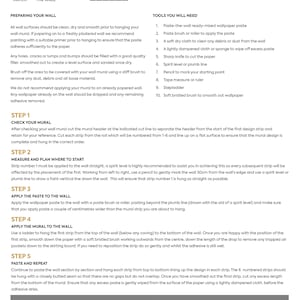 May include: Instructions for hanging a medium-sized wall mural measuring 3 meters by 2.4 meters. The instructions include steps for preparing the wall, checking the mural, measuring and planning where to start, applying paste to the wall, applying the mural to the wall, and pasting and repeating. The instructions also include a list of tools needed for hanging the mural.