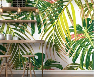 Tropical Palm Leaves Citrus Green Wall Mural, Exotic Rainforest Themed Wallpaper, Botanical Inspired Home Wallcovering, Paste the Wall