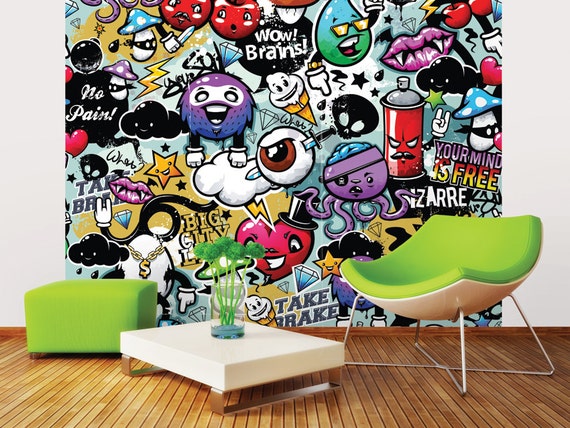 Funky Graffiti Doodle Monsters Photo Wallpaper Wall Mural For Children S Bedroom Boys Or Girls Room Decor Office Decor