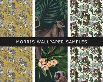 SAMPLE - Morris Monkey Wallpaper, Exotic Jungle Palm Leaves & Animal Room Decor,  Palm leaves Tropical Wallpaper, Cream, Mustard, Dark Sable