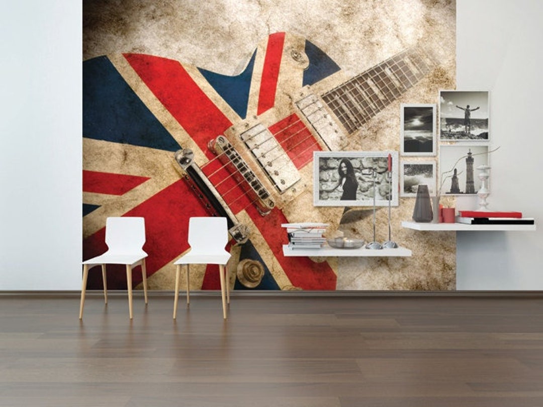 Union Jack Guitar Wallpaper Mural, British Flag Music Room Wall Decor