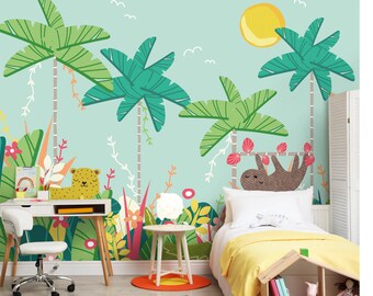 Jungle Animals Blue Wall Mural