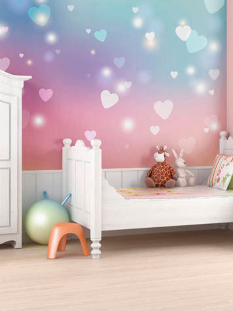 Pink Hearts Wallpaper Mural Girls Bedroom Decor Heart Wall Etsy