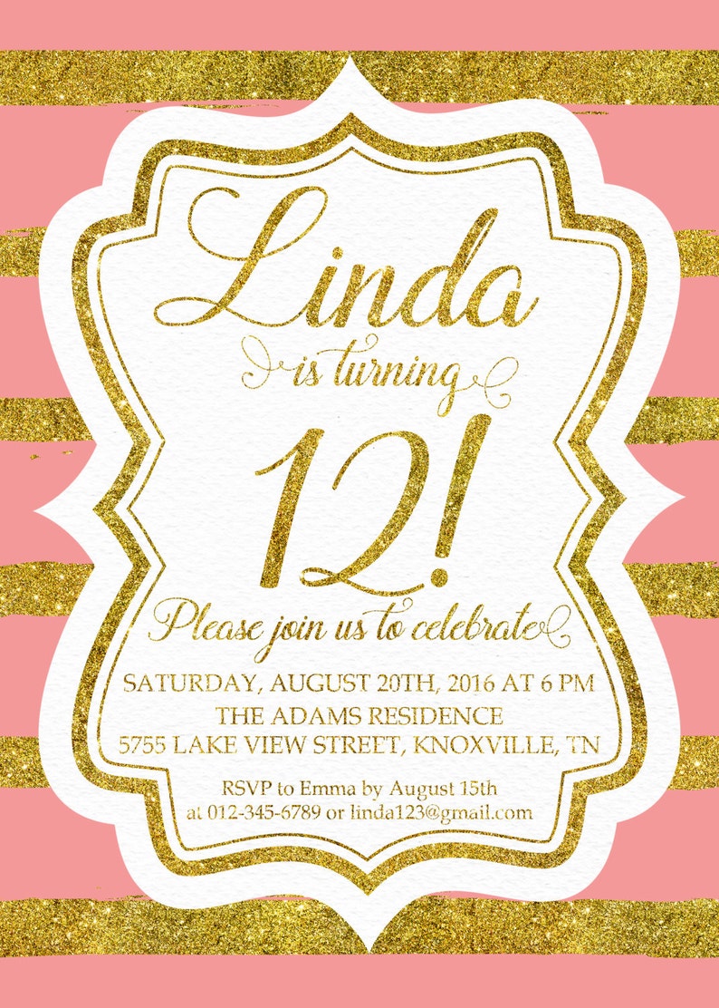 12th Birthday Invitation Twelfth Birthday Party Gold Glitter Etsy