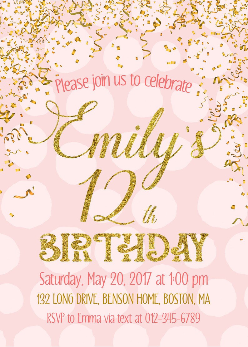 12th Birthday invitation Pink and Gold Birthday Invitation Etsy
