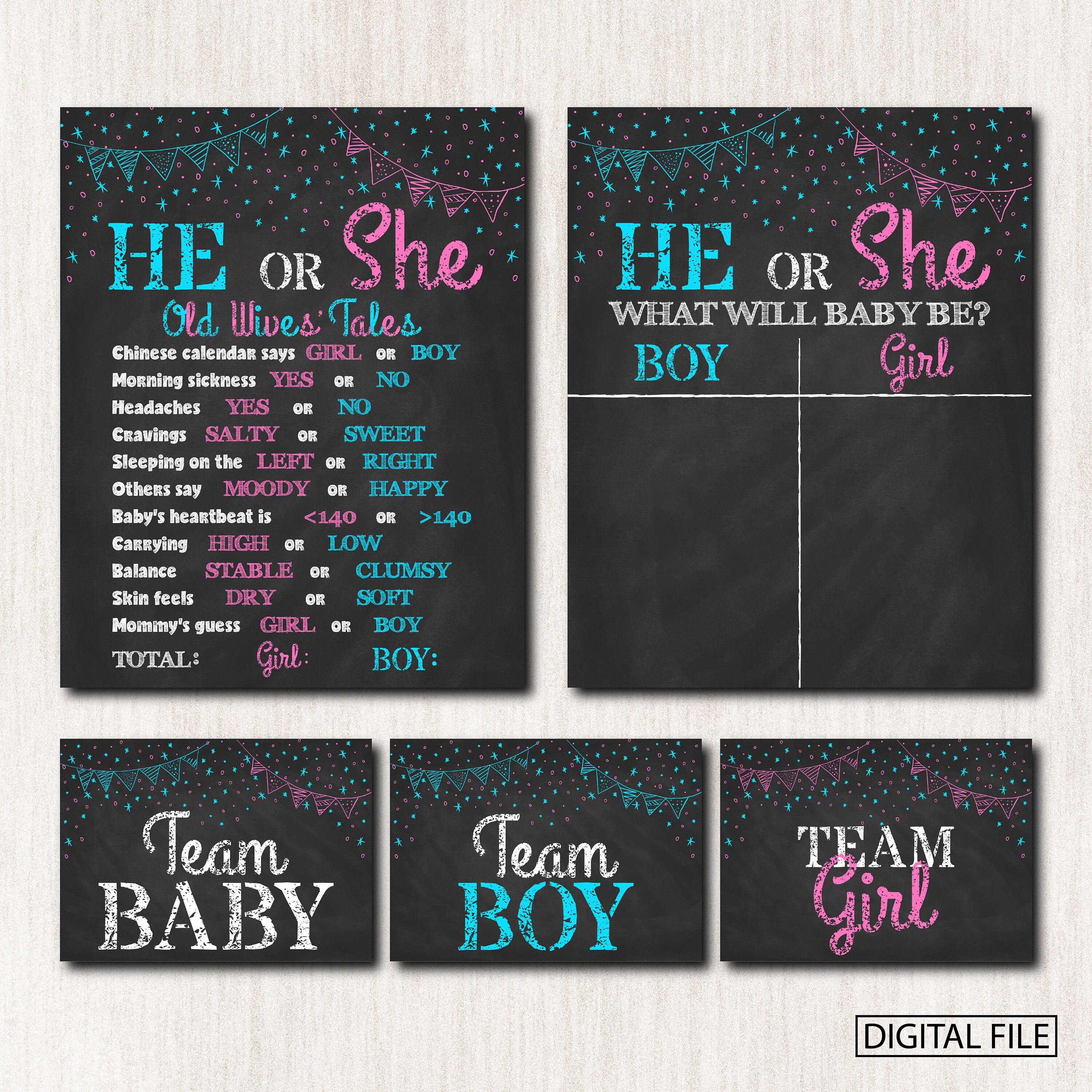 Gender Reveal Chalkboard Package He or she poster Cast Your Etsy