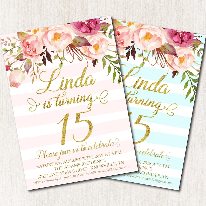 15th Birthday Invitation Fifteenth Birthday Party Floral Etsy