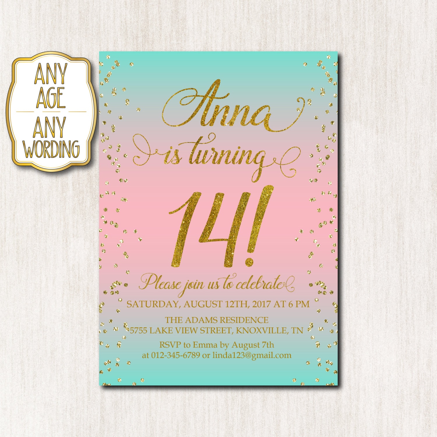 14th Birthday Invitation Fourteenth Birthday Gold Glitter | Etsy