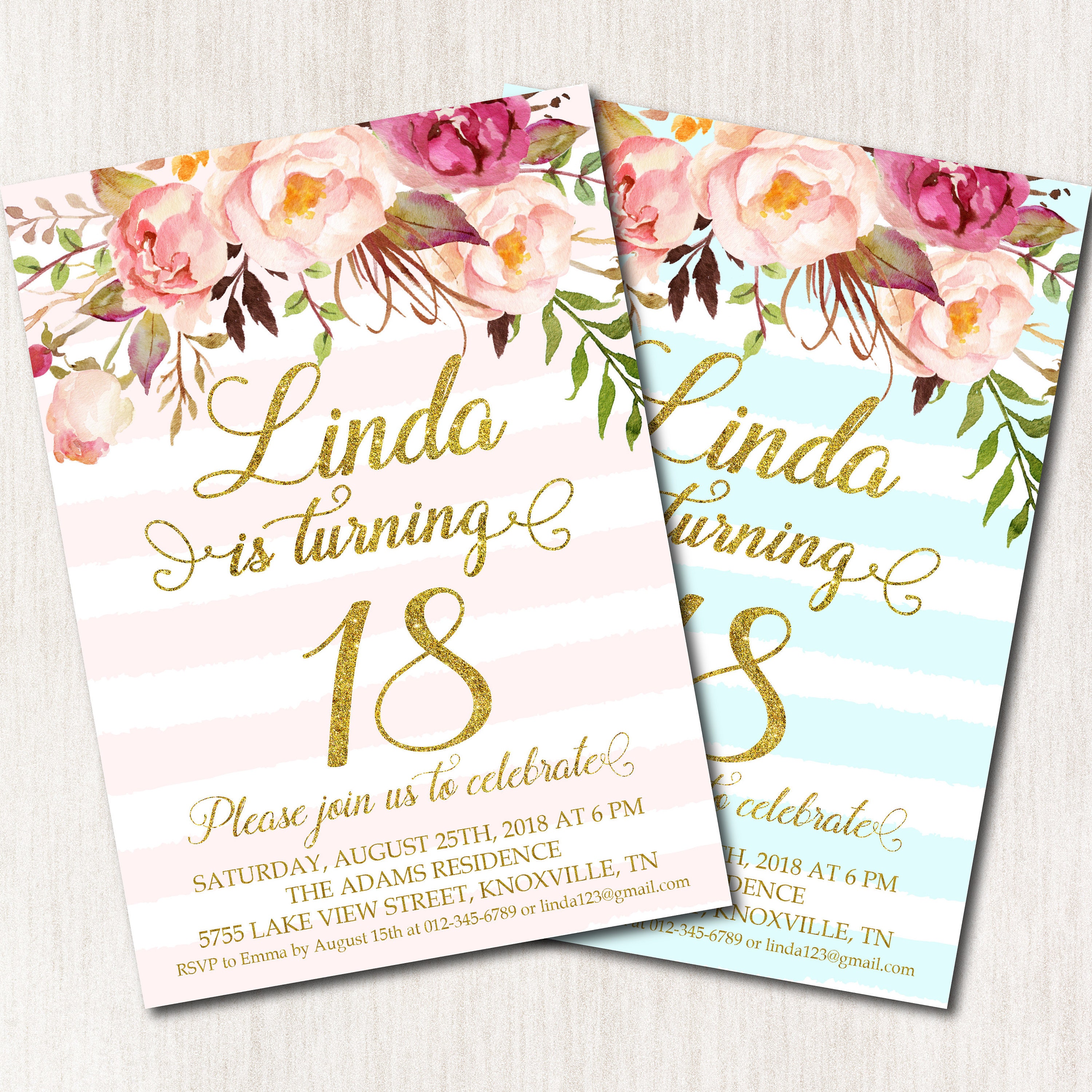 PERSONALIZED Floral Birthday Invitation Digital file #W60 Mint Any Age Birt...