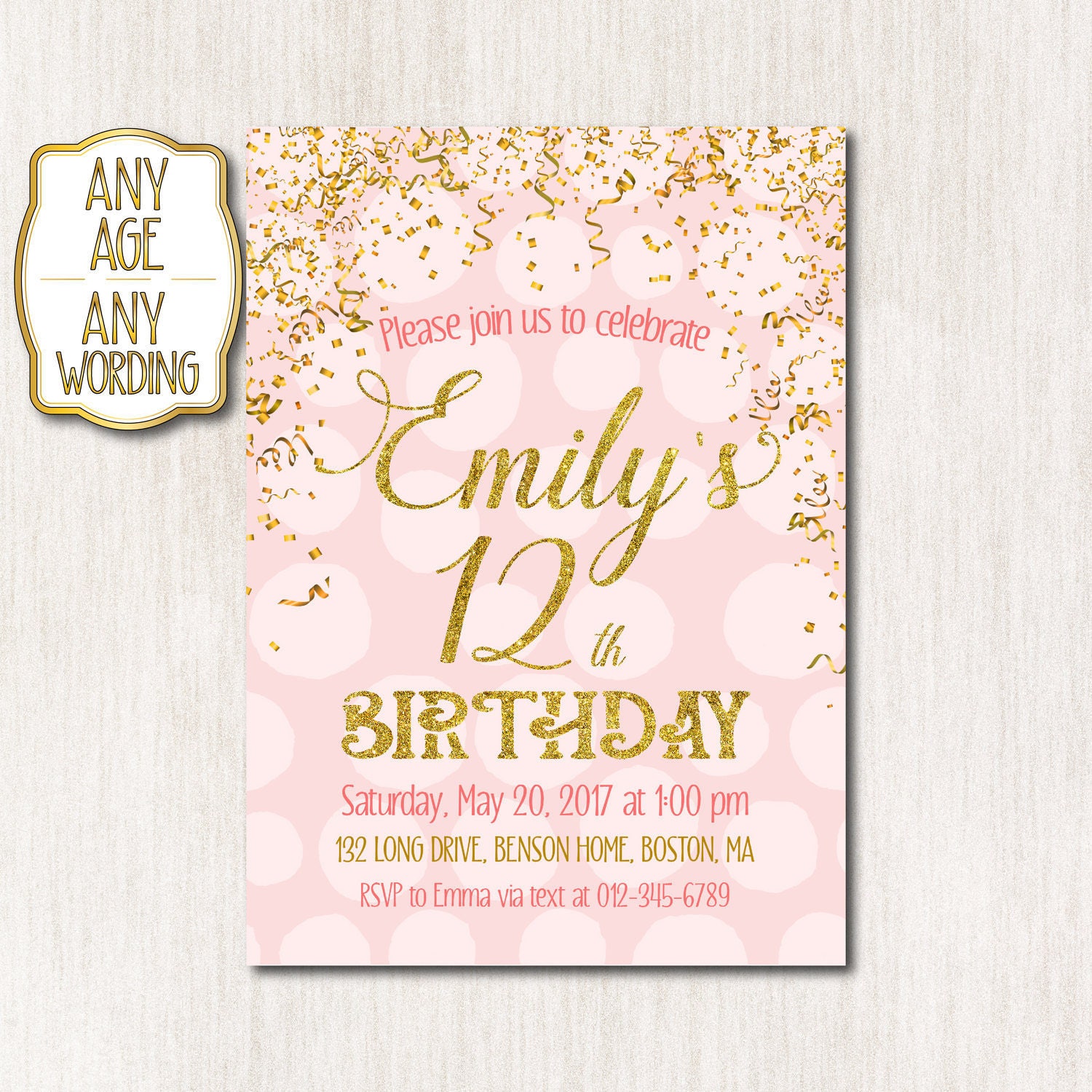 12th Birthday Invitation Pink And Gold Birthday Invitation Etsy