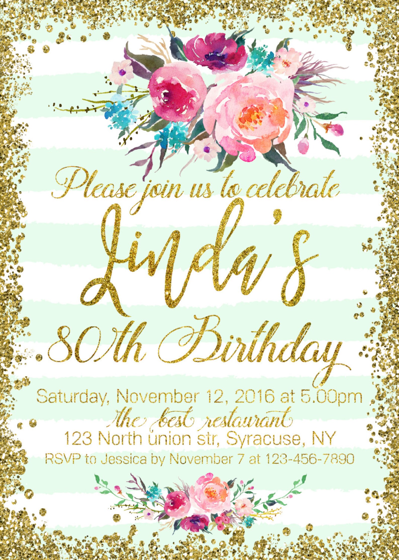 80th birthday invitation Gold glitter confetti Mint stripes | Etsy