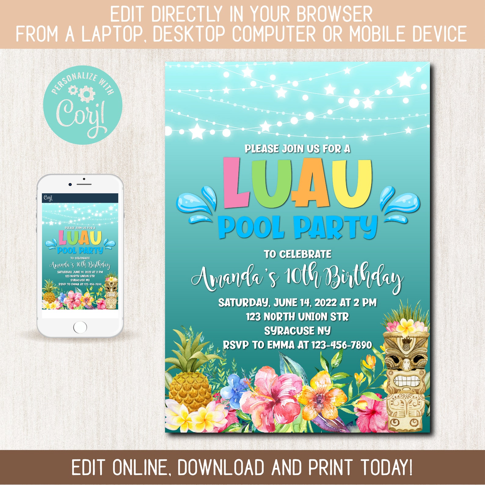 Online Editable Luau Pool party invitation template All text  Etsy
