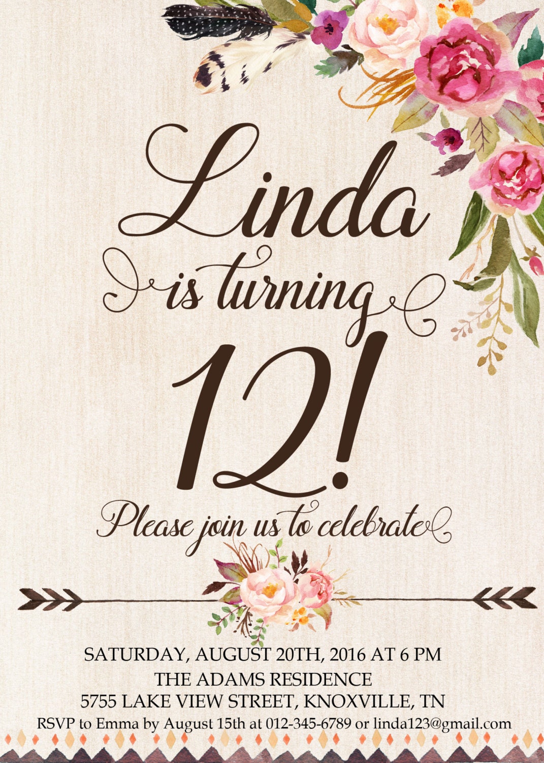 12th birthday invitation Twelfth birthday Arrows flowers Etsy